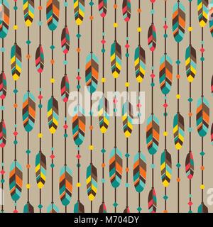 Etnia seamless pattern in stile nativo con piume Illustrazione Vettoriale