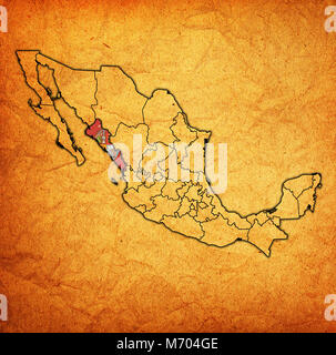 Emblema di Sinaloa membro sulla mappa con le divisioni amministrative e ai confini del Messico Foto Stock