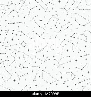 Disegnata a mano vector seamless pattern con costellazioni zodiacali sullo sfondo stellato. Sfondo spazio nel disegno stile. Illustrazione Vettoriale