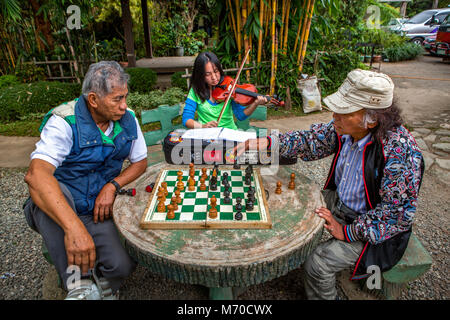 Due anziani uomini filippini a concentrarsi sulle loro partita a scacchi mentre una giovane ragazza pratiche giocando il suo violino in Burnham Park, Baguio, isola di Luzon, Philip Foto Stock