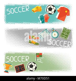 Sport Banner orizzontale con il calcio (calcio) icone piatta Illustrazione Vettoriale