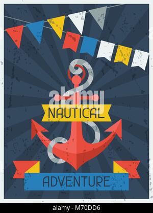 Avventura Nautica. Poster retrò in flat uno stile di design Illustrazione Vettoriale