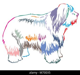 Contorno colorato ritratto decorativo di standing in profilo Old English Sheepdog, vettore illustrazione isolato su sfondo bianco Illustrazione Vettoriale