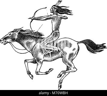 Nazionale Indiano Americano a cavallo con la lancia in mano uomo tradizionali. incisi disegnati a mano nel vecchio sketch. Illustrazione Vettoriale