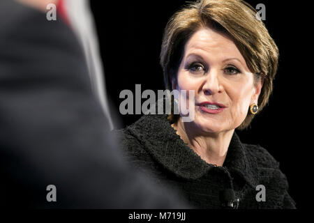 Washington, Stati Uniti d'America. Il 7 marzo 2018. Marillyn Hewson, Presidente e Chief Executive Officer di Lockheed Martin Corporation, partecipa a un colloquio di lavoro durante un economico Club di Washington evento nel centro cittadino di Washington, D.C. il 7 marzo 2018. Credito: Kristoffer Tripplaar/Alamy Live News Foto Stock