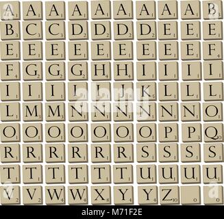 Illustrate le piastrelle di gioco per il popolare gioco di parole Scrabble in 3D. Illustrazione Vettoriale