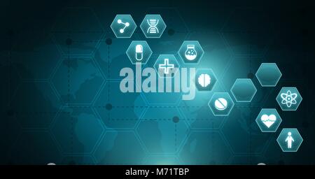 Interfaccia medico icone a testa esagonale sulla mappa del mondo Foto Stock