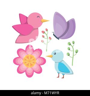 Il set di icone di graziosi uccelli e bellissimi fiori su fondo bianco, design colorato illustrazione vettoriale Illustrazione Vettoriale
