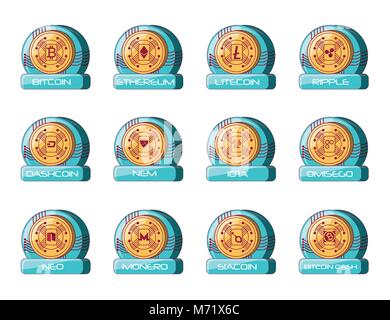 Icona set di monete di diversi tipi di cryptocurrency su sfondo bianco, design colorato illustrazione vettoriale Illustrazione Vettoriale