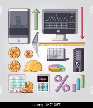 Le relative icone di estrazione mineraria e di trading design cryptocurrency su uno sfondo grigio, design colorato illustrazione vettoriale Illustrazione Vettoriale