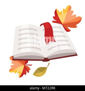 Libro aperto con segnalibro e foglie di autunno Illustrazione Vettoriale