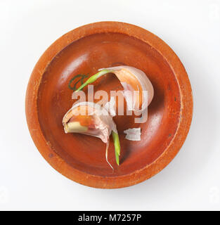 I chiodi di garofano di aglio fresco nel recipiente di terracotta Foto Stock