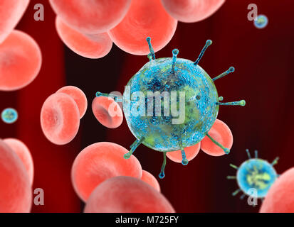 Le cellule rosse del sangue e virus, sferiche piccole celle che contengono emoglobina Foto Stock