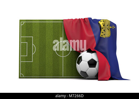 Il Liechtenstein bandiera del paese avvolto su una partita di football soccer pitch e la sfera. Il rendering 3D Foto Stock