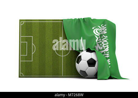 Arabia Saudita paese bandiera avvolta su una partita di football soccer pitch e la sfera. Il rendering 3D Foto Stock