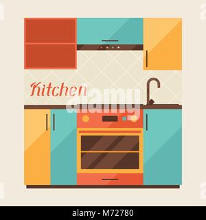 Scheda con cucina interni in stile rétro Illustrazione Vettoriale