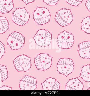 Seamless kawaii cartoon pattern con graziosi tortine Illustrazione Vettoriale