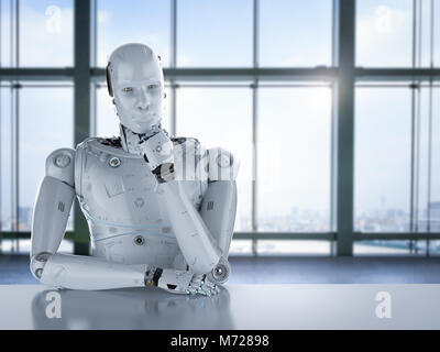 3D rendering robot umanoide pensando su sfondo di office Foto Stock