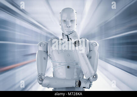 3D rendering robot umanoide pensando su sfondo astratto Foto Stock