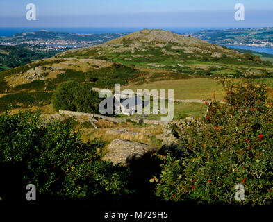 St Celynin della vecchia chiesa: vista ENE a Cerrig y Ddinas affioramento, Conwy & Llandudno al di là. Ffynnon Gelynin Pozzo santo in S corner (vicino a R) del sagrato. Foto Stock