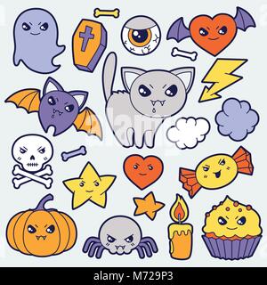 Set di halloween kawaii carino scarabocchi e oggetti Illustrazione Vettoriale