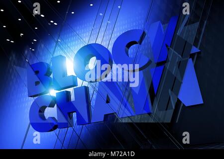 Blockchain 3D Render concetto illustrazione. Blocco della tecnologia della catena. Protetto crittograficamente catena di blocchi. Foto Stock
