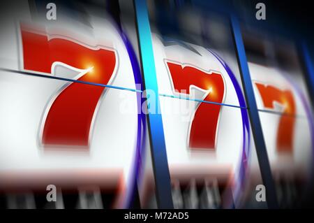 Triple sette Lucky Slot Machine gioco in movimento. Concetto di casinò immagine 3D Rendering. Foto Stock
