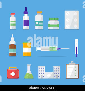 Medical piatto set di icone. Medicinali, pillole, ospedale, siringa, termometro. Illustrazione Vettoriale. Foto Stock