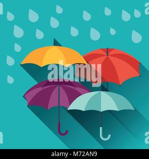 Scheda con ombrelloni multicolori in flat uno stile di design Illustrazione Vettoriale