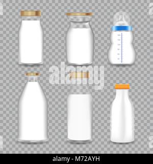 Realistico bottiglie in vetro trasparente con un set di latte. Illustrazione Vettoriale. Illustrazione Vettoriale