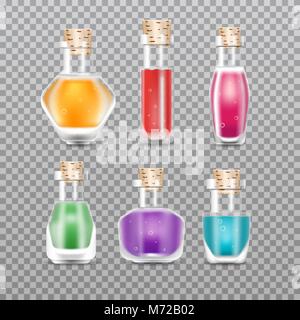 Chimica realistica delle bottiglie di vetro di pozione set. Pozione d'amore. Illustrazione Vettoriale. Illustrazione Vettoriale