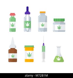 La marijuana medica, farmacia cannabis set di icone. Illustrazione Vettoriale, di tipo piatto. Illustrazione Vettoriale