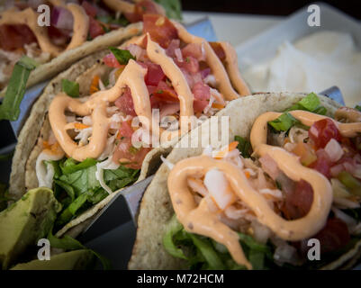 Trio tacos di pesce Foto Stock