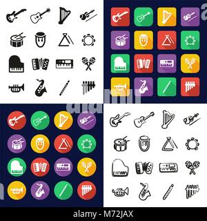 Strumenti musicali in tutte le icone di un Colore Bianco e nero Design piatto Set di Freehand Illustrazione Vettoriale