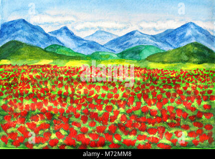 Dipinto a mano foto, paesaggio con prato di papaveri rossi e colline, paesaggio - acquerelli, fiori - acrilico. Formato dell'originale 30 x 21 sm. Foto Stock