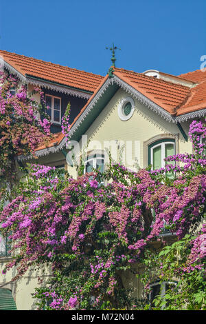 Antica e tipica casa portoghese con fiori sul balcone Foto Stock