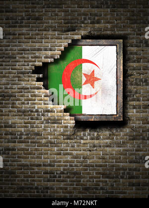 3D rendering di una Algeria bandiera su un arrugginito piatto metallico incorporato su un vecchio muro di mattoni Foto Stock