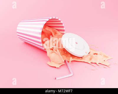 3d'illustrazione. Un fast food in plastica tazza gli spruzzi di liquido su sfondo rosa. Foto Stock