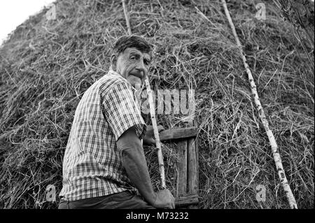 In bianco e nero di coltivatore su scala contro pagliaio guardando la telecamera Foto Stock