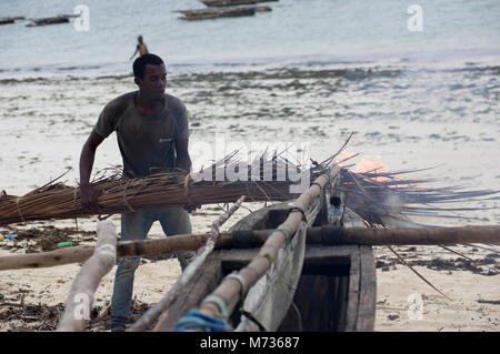 Fisherman utilizzando la masterizzazione di fronde di palma per rimuovere il muschio e verde crescite erbosa dal lato della sua nave da pesca in Jambiani Zanzibar Tanzania Foto Stock