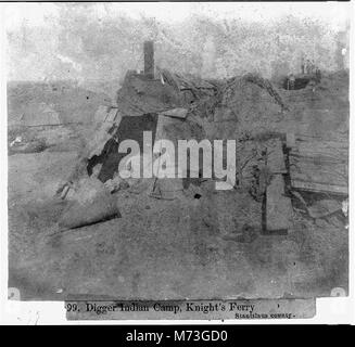 Questa fotografia mostra il campo indiano di Digger a Knight's Ferry, nella contea di Stanislaus, offrendo un'idea della vita quotidiana e della cultura degli indigeni in California durante il XIX secolo. Foto Stock