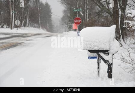 Bedford, N.H., USA, 7 marzo, 2018. Una casella di posta coperta di neve da una notte di tempesta. Andrew Cline/Alamy Live News Foto Stock