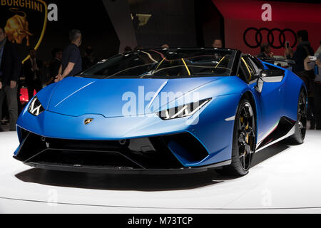 Geneve, Svizzera. 6 Marzo, 2018. Lamborghini Huracan Performante Spyder auto sportiva presentato al 88th Geneva International Motor Show. Credito: JLBvdWOLF/Alamy Live News Foto Stock