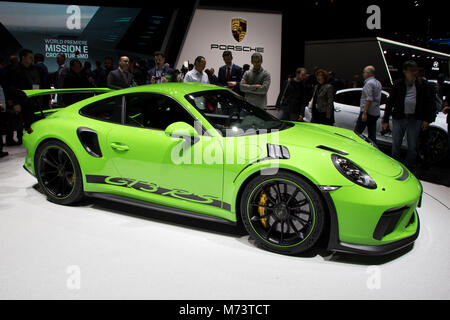 Geneve, Svizzera. 6 Marzo, 2018. Porsche 911 GT3 RS sports car presentata all'88Geneva International Motor Show. Credito: JLBvdWOLF/Alamy Live News Foto Stock