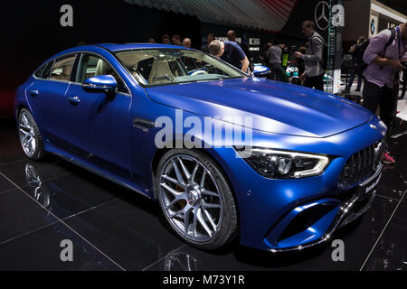 Ginevra, Svizzera. 7 Mar, 2018. Nuovo 2019 la Mercedes-AMG GT 4 porte Coupé car presentata all'88Geneva International Motor Show. Credito: JLBvdWOLF/Alamy Live News Foto Stock