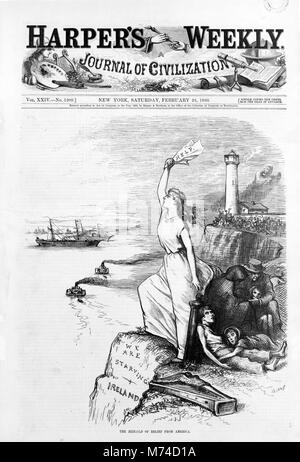 Febbraio 1880 Copertina di Harper's Weekly raffigurante la carestia irlandese del 1879. L'illustrazione è intitolato "L'araldo del sollievo dall America'. Una donna è in piedi su una scogliera irlandese con un cartello che diceva 'Help' con un'iscrizione di seguito dicendo "Stiamo morendo di fame - Irlanda". Foto Stock