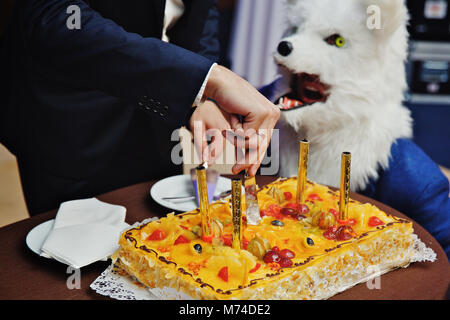 Maschera di lupo parte il tempo, torta di giallo con candele carnevale, vacanze Foto Stock