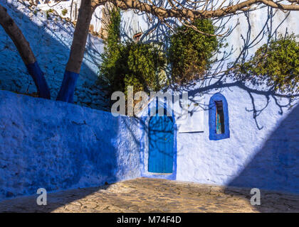 Un dipinto di blu porta in un angolo ombreggiato con alberi cespugli a Chefchaouen, Marocco Foto Stock