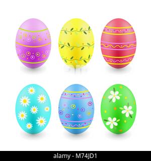 Set di porpora, blu, turchese, verde, giallo, rosso dipinto di uova di Pasqua isolato su bianco Illustrazione Vettoriale