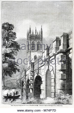 Magdalen Bridge & Tower di Magdalen College, antica incisione da 1860 Foto Stock